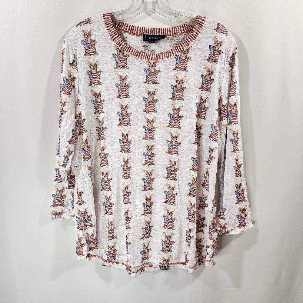Carine super soft crinkle corgi holding an American flag  3/4 sleeve shirt sz XL